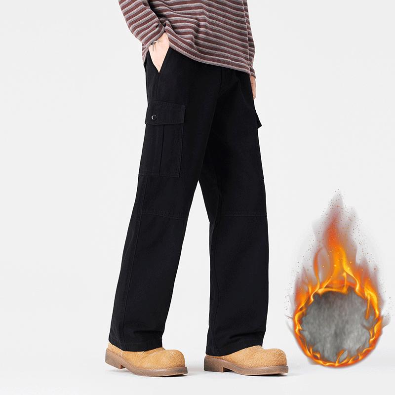 Tooling casual pants men's autumn and winter new pure cotton cloth loose wide-leg trousers fleece straight men's pants tide