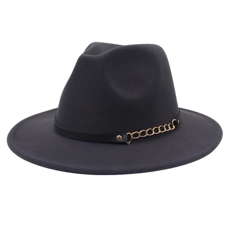 New Shanghai Gentleman Felt Hat, Belt, Iron Chain,Foreign Trade Top Hat, Light-Bottomed Fedora, Large Brim Hat