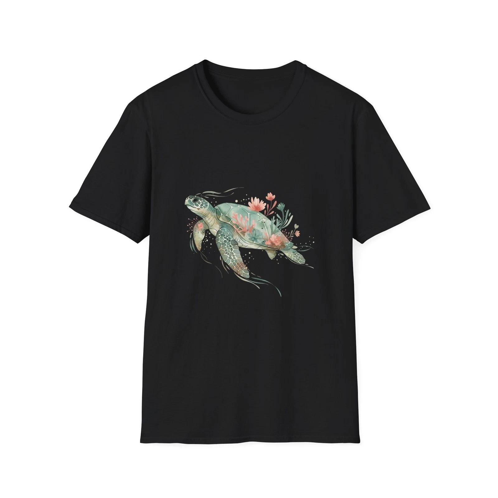 

Turtle Ocean Floral Watercolor Boho Black Tee Nature Aesthetic T-Shirt 4XL