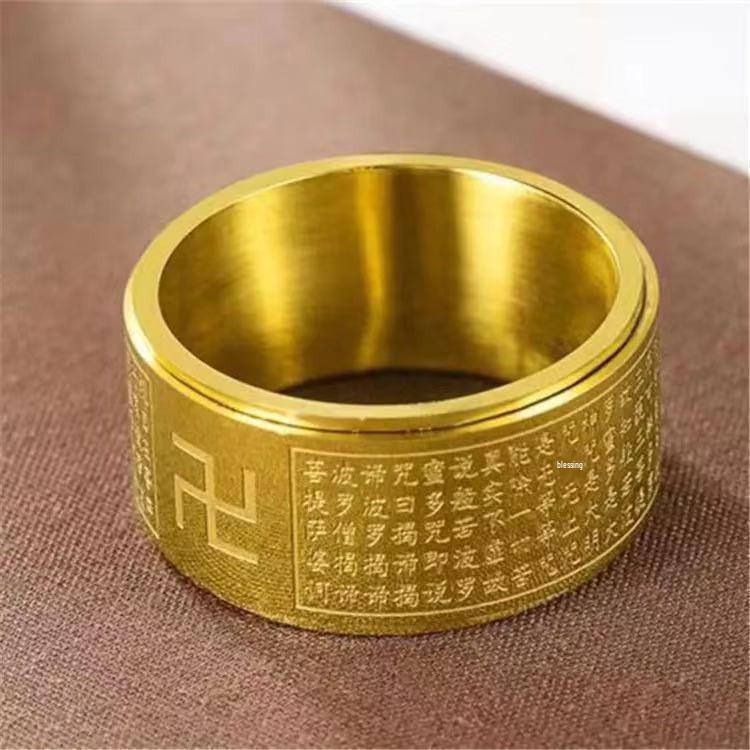 Rotating Titanium Steel Ten Thousand Words Amulet Ring: Eight Guardian Deities, Zodiac Birth Year, Heart Sutra for Men