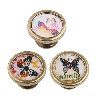 Vintage Door Knob Pull Handle With Butterfly Print For Kitchen Cabinet Drawer - Gold, 3Pcs