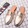 Fashion UImmer Couple Half Slippers Men Shoes Flat Heels British Fashion Metal Buckle Outdoor Slippers PU Business Slippers Size 36-45