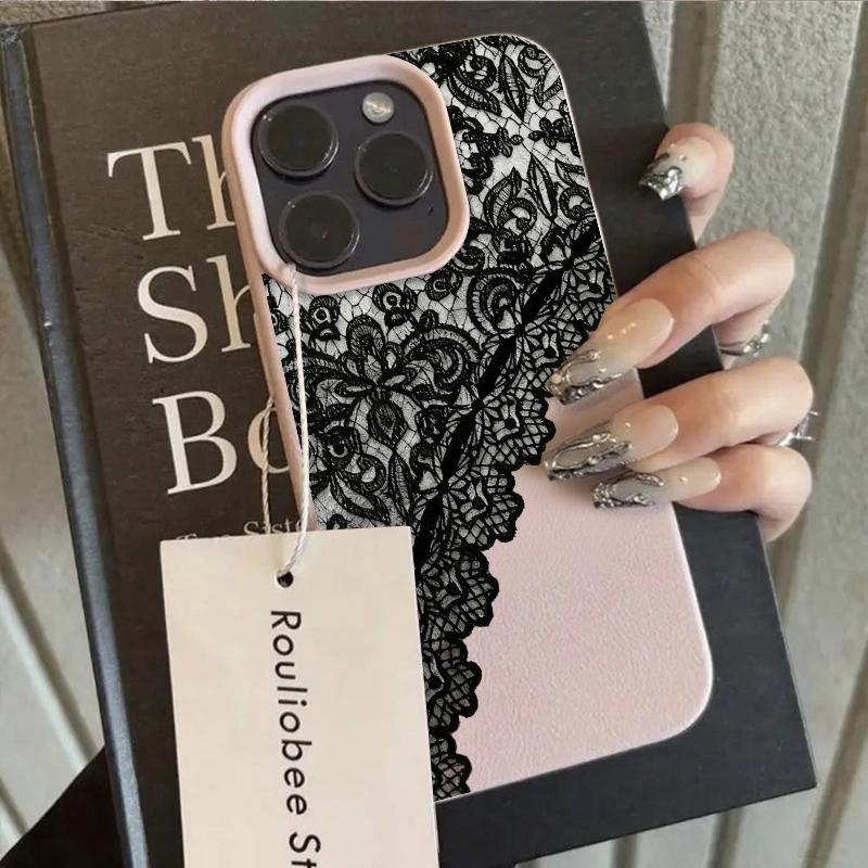 Black Lace Pattern Personalized Mobile Phone Case For iPhone 16 17 Pro Max 15 Plus 14 13 12 11 17 Air XS XR Faux Leather Cover