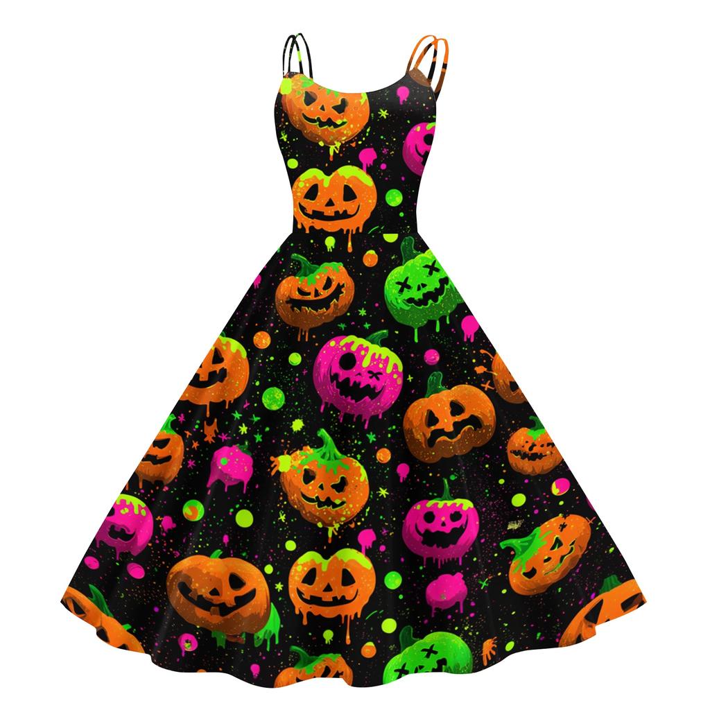 Women's Halloween Printed Off Shoulder Punk Vintage Dress Sleeveless Spaghetti Strap A-Line Midi Dress with Floral and Spider Web Pattern