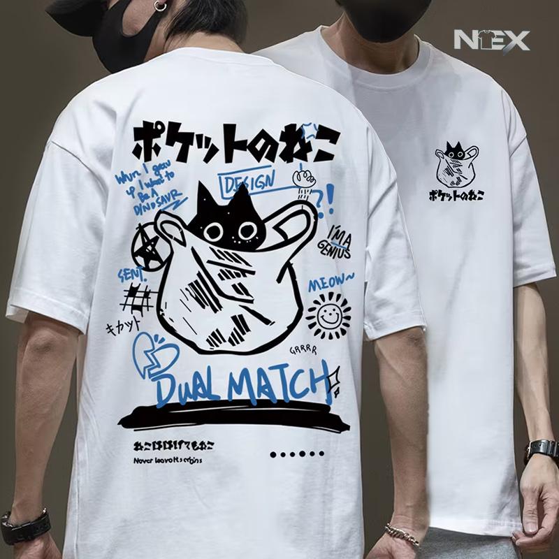 Men Cartoon T-Shirts 2026 Summer Harajuku Kawaii Cat Printed Short Sleeve Tees Couple Streetwear Loose Clothes Y2K Tops
