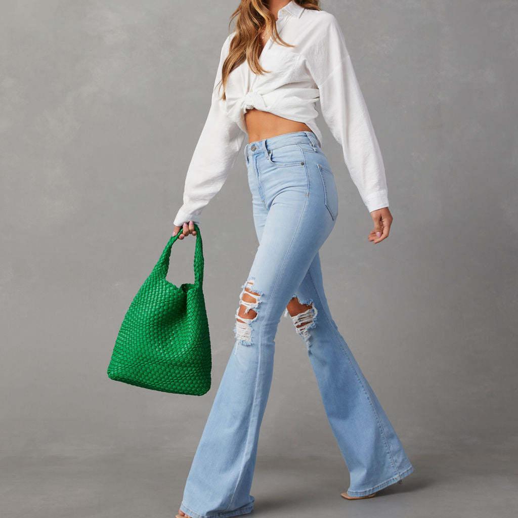 Nowe damskie dżinsy z wysokim stanem i dziurami, spodnie rozszerzane w stylu Spice Girls, spodnie damskie