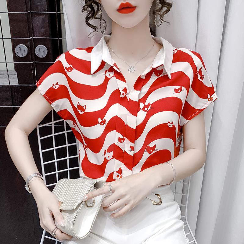 

Креативная полосатая рубашка с котом, женские свободные топы с принтом, летние повседневные топы с коротким рукавом на одно плечо, женская блузка, модная одежда L красный