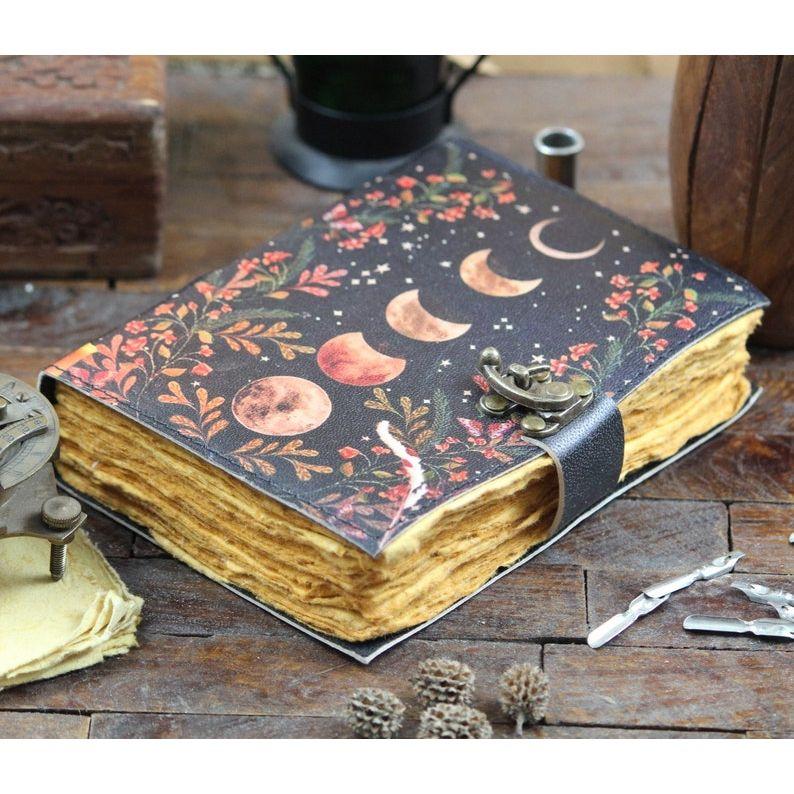 Moon Phase Leather Grimoire: Vintage Spell Book with Deckle Edge Paper Blank spell book of shadows Gifts For women vintage journal