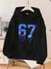 Trendy And Fun Boy's Black Hooded Sweatshirt With Number 67 Print, Ice Cream Baseball Element Graffiti Top