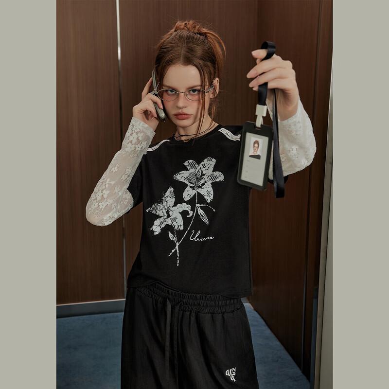 UNIFREE Faux Two-Piece Lace-Paneled Long-Sleeve Tee M