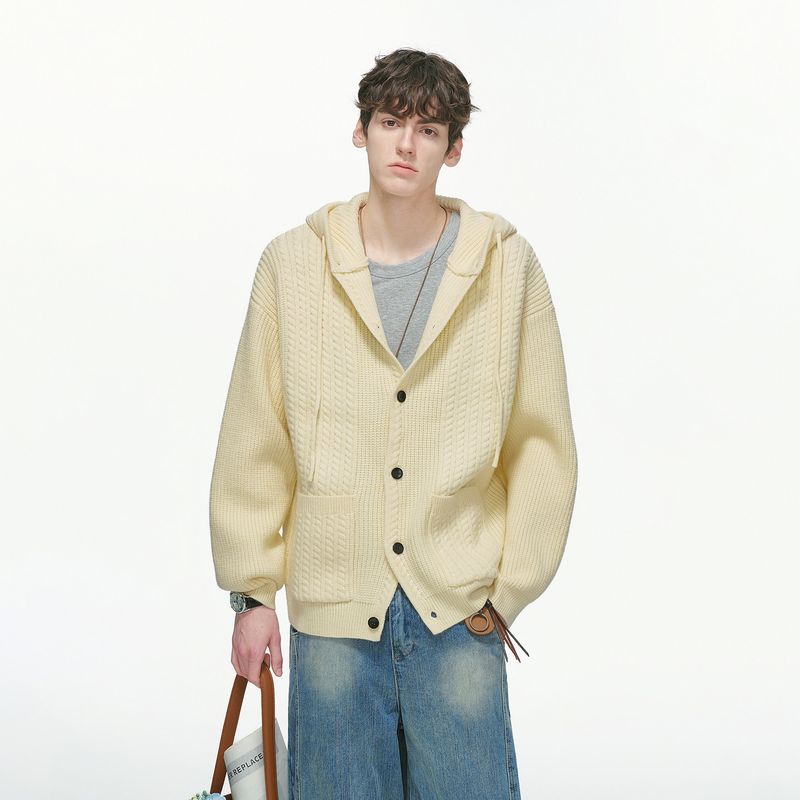 Dream Made Wheat Grain Pattern Hooded Cardigan Sweater for Men, Autumn and Winter Casual Style Knitwear Jacket