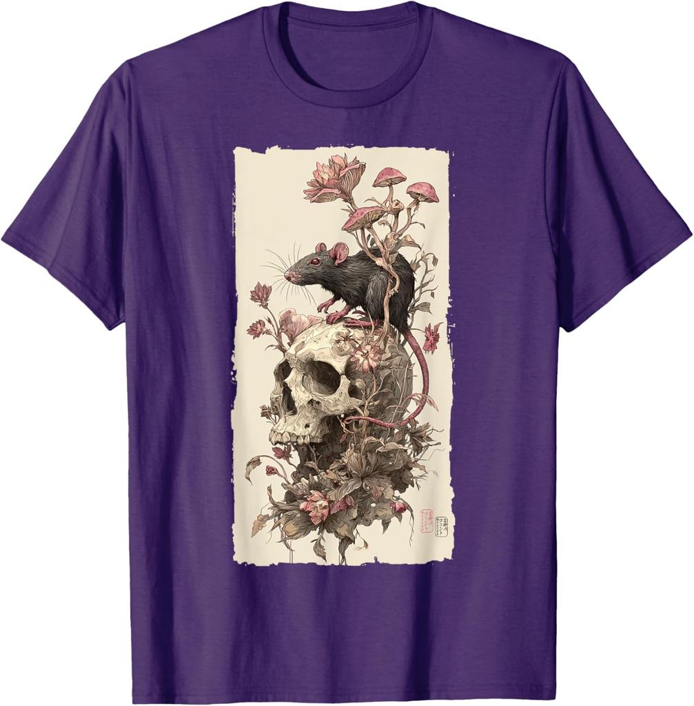 Gothic Rat Skull Mushroom Print Mens Casual Cotton Graphic Tee Soft Breathable TShirt