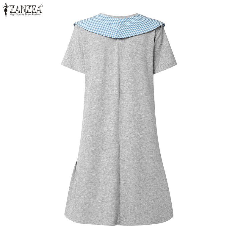 ZANZEA Women Casual Plaid Splice Round Neck Summer Short Sleeve Dress