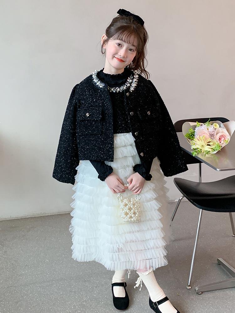 Girls' Autumn Pearl Collar Mesh Vest Princess Dress Set - 2025