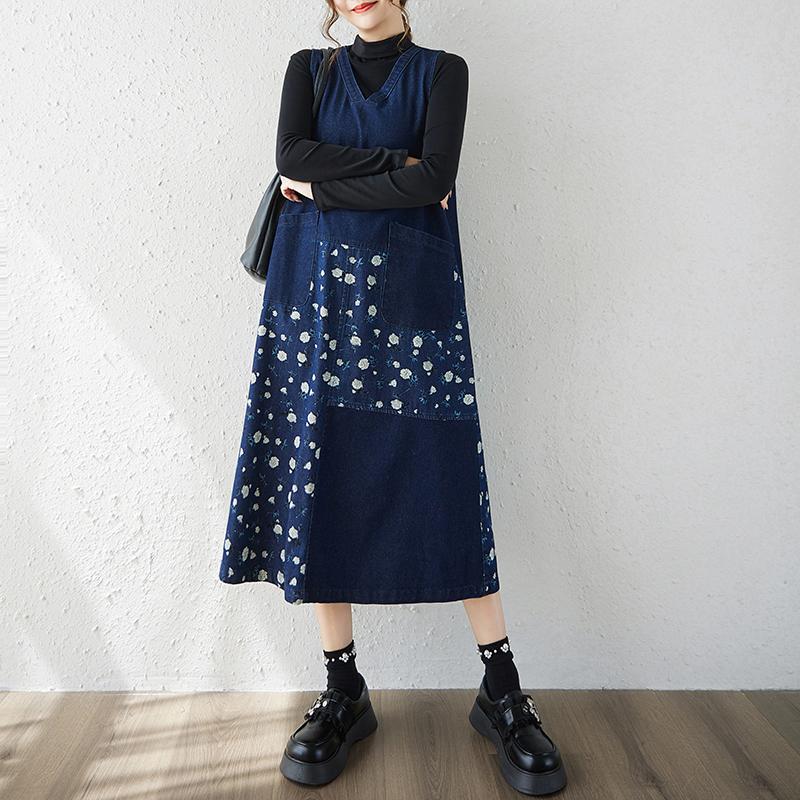 DIMANAF Damen Übergröße Jeanskleid Blumendruck Ärmellos Baumwolle Vintage Locker Lässige Kleider Maxi Langes Kleid