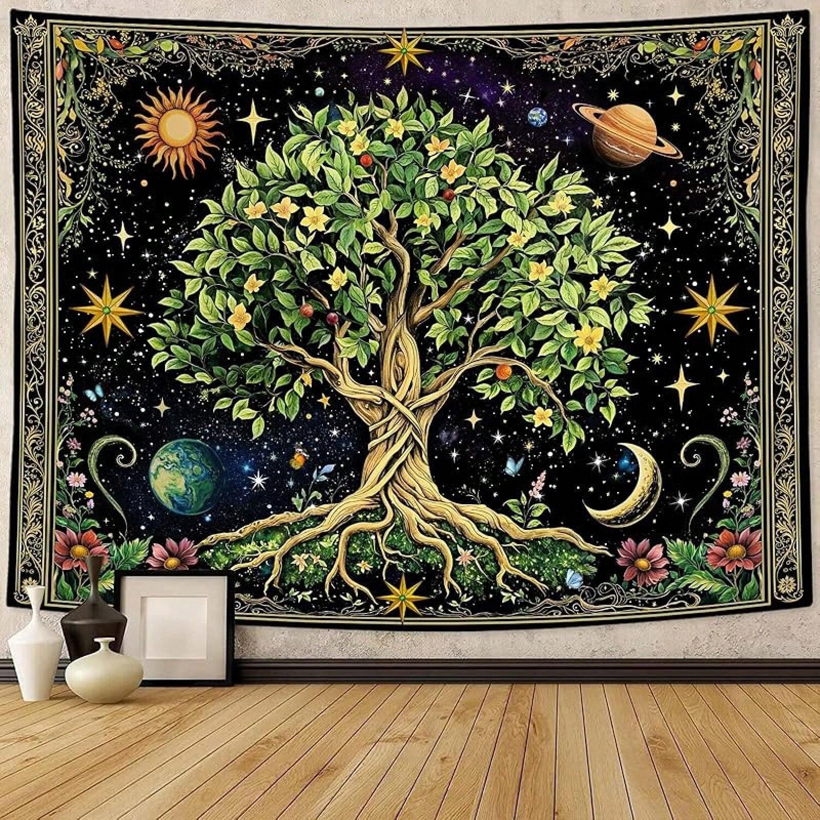 

1pc Tree of Life Tapestry - Retro Nature Green Plant/Floral Celestial Wall Hanging | Aesthetic Sun/Moon 40X60CM