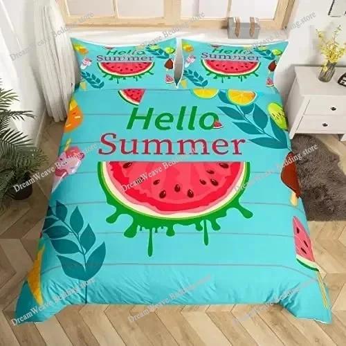 Hello Summer Duvet Cover Set Watercolor Watermelon Fruits Bedding Set Summer Holiday Theme Blue Rustic Cabin Comforter Cover