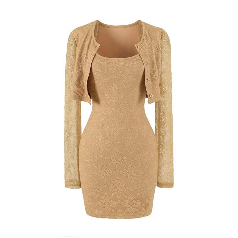 Pure Desire Lace 2-Piece Dress Set Slim Fit Cami Mini Skirt Long Sleeve Cardigan See Through