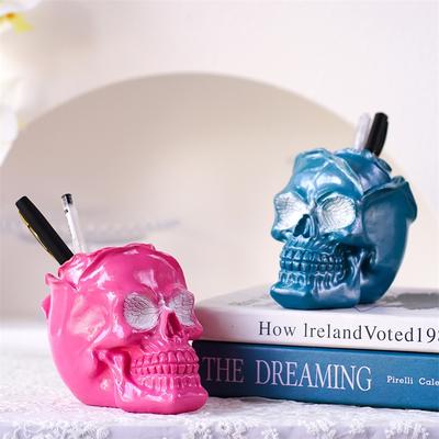 Gothic Skull Pen Holder Resin Desk Organizer Makeup Brush Cup Rose Skeleton Head Desktop Storage For Office Vanity Decoration