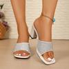 Summer New Rhinestone Strap Block Heel Slippers Women's Square Toe Open Toe Temperament High Heels