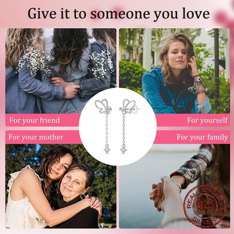 925 Sterling Silver Hypoallergenic Cute Butterfly Dangle Earrings Chain Tassel CZ Inlay Fashion Jewelry Gift for Women