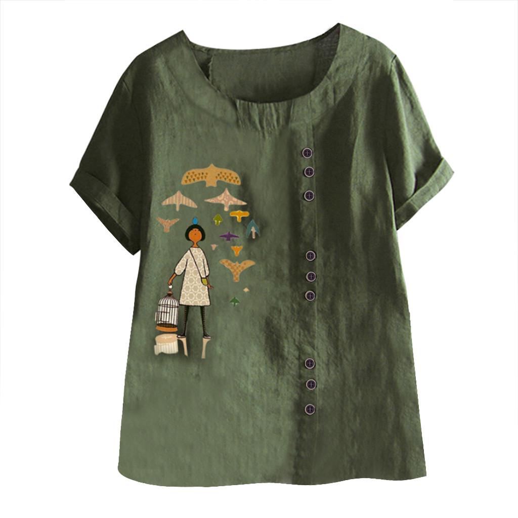 

Женский винтажный топ из хлопка и льна с короткими рукавами и пуговицами из мультфильма для девочек