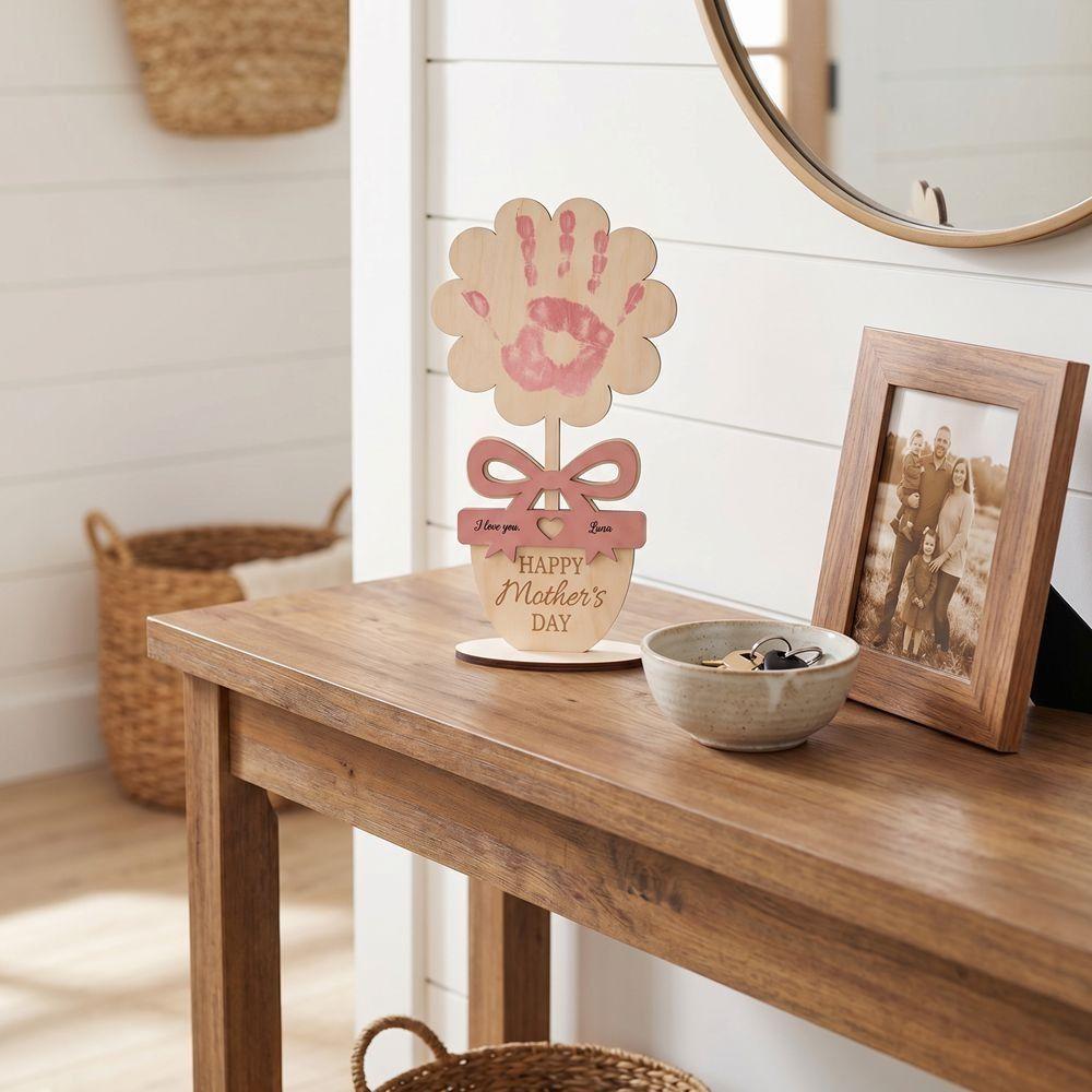 Hand Painted Mother's Day Plaque Ornament Mom Gifts DIY Handprint Sign Decoration 2D Flat Wooden Flower Craft Kids Learning