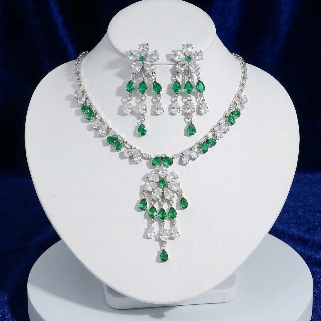 European & American Style Zircon Emerald Plum Blossom Necklace & Earrings Set