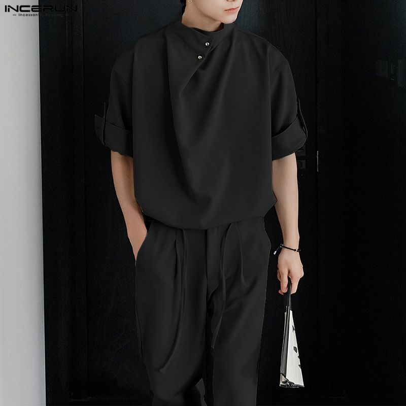 INCERUN Two Piece Suit Men Mockneck Half Sleeve Shirts Trousers Casual Loose Sets