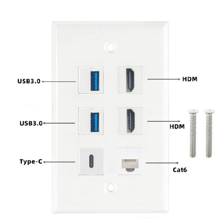 Decorative Wall Panel 6 Port HDTV USB3.0 Type C CAT6 Keystone Port RJ45 6 Port White Decorative Face Panel for Wall