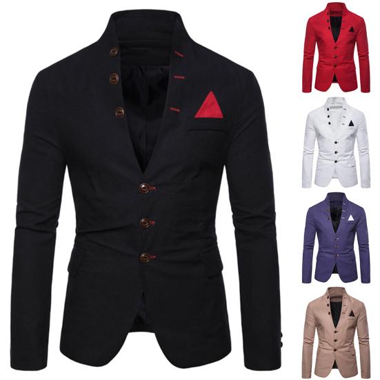 Costume Smoking Blazer Homme Manches Longues Col Montant 3 Boutons Poche Veste Manteau Slim