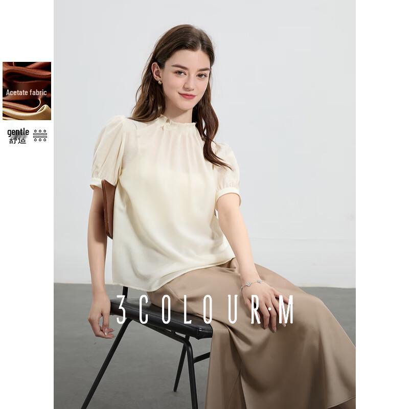 Sancai 2025 Summer Pleated Acetate White Puff Sleeve Blouse S