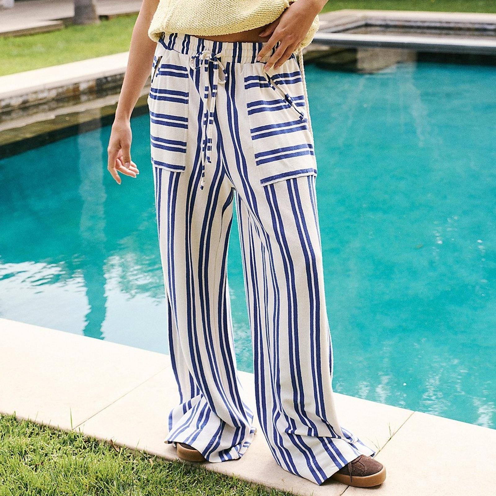 

Women High Waist Striped Wide Leg Pants Drawstring Loose Fit Trousers with Large Pockets Beach Casual Straight Leg Long Pants XL синій