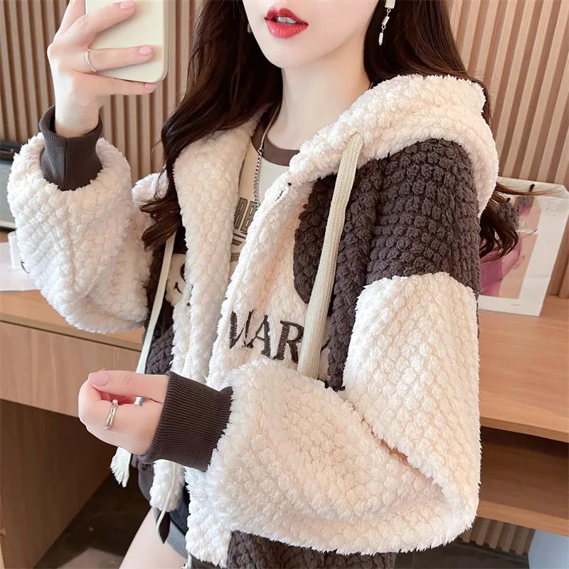 WTEMPO Color Matching Polar Fleece Jacket Women's Hooded Thick Warm Zipper Coats Autumn Winter Women Large Size Plush Jackets