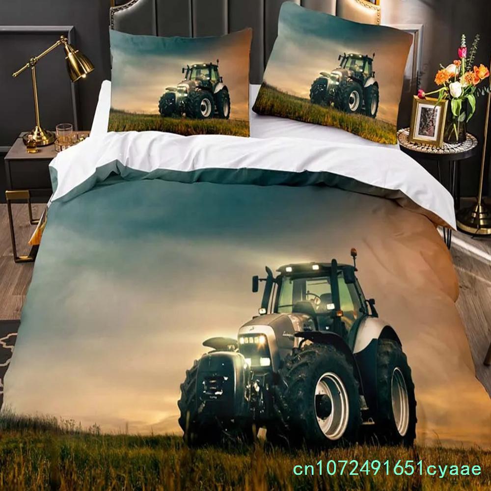 Boys Tractor Printed Bedding Set Men Construction Cars Pattern Comforter Cover For Kids Heavy Machinery Vehicles Duvet Cover