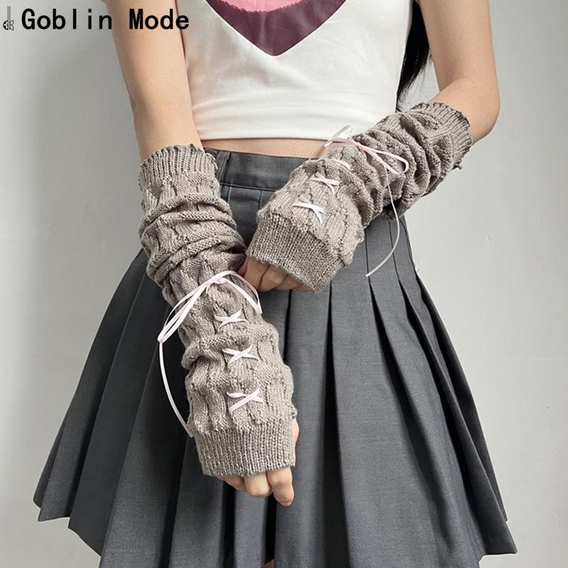Y2K Dark Lolita Fingerless Ribbon Tie Arm Warmers - Punk Music Festival Style 251 One Size