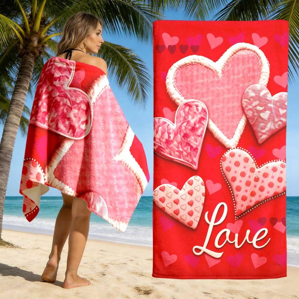 1Pc Heart Pattern Beach Towel, Unisex Soft Daily Cloth, High Water Absorption, Portable & Durable. Multi-Scene Use For Travel