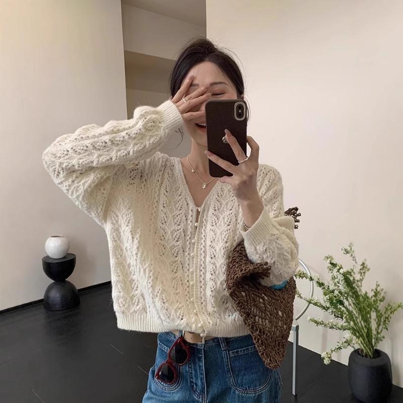 White V-neck Hollow Knitted Cardigan Coat Sweater Women's Thin Spring and Autumn Top