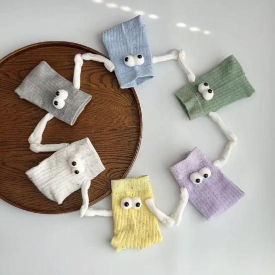 1 Pair Christmas Couple Socks Magnetic Hands Cartoon Deer Snowman Design Long Socks Soft Breathable Xmas Socks