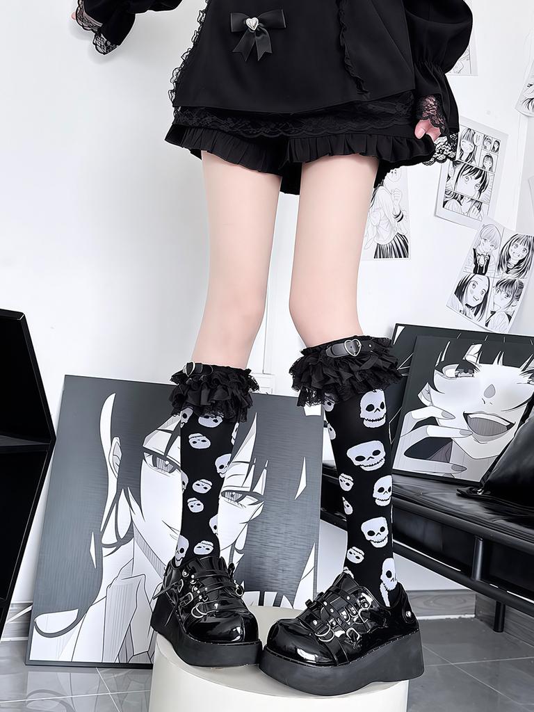 Halloween Diablo Skull Calf Socks Subculture Punk Personality Leather Buckle Pile Lolita Lace Socks Medium Stockings