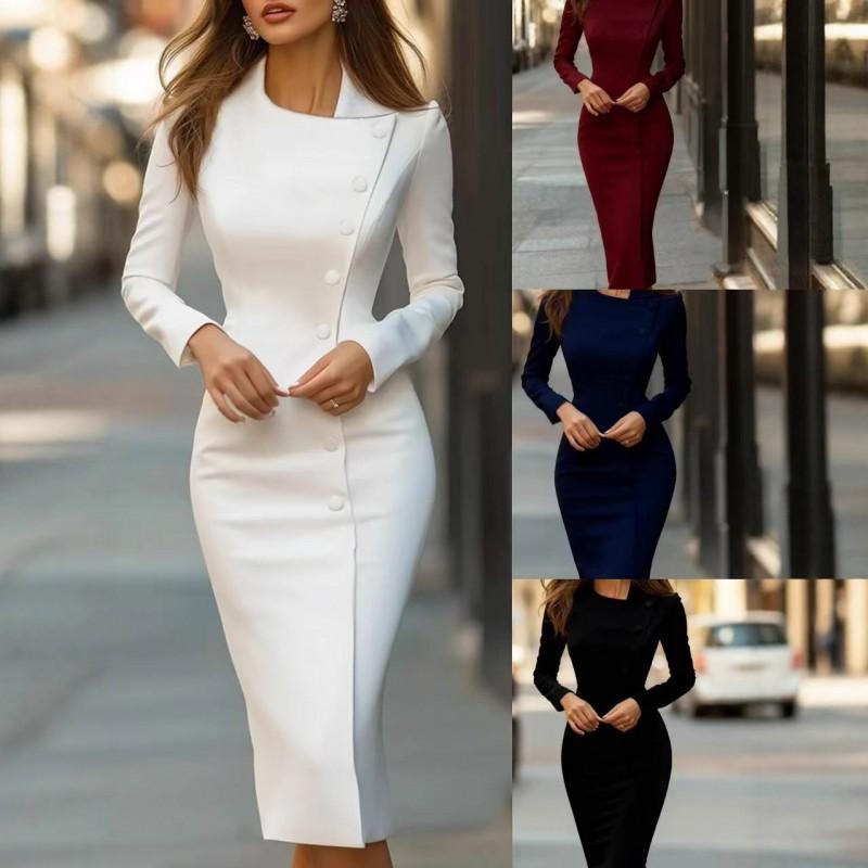Asymmetrical Single-Breasted Wrap Dress Women Office Chic Slim Fit Long Sleeve Midi In Black White Burgundy Navy
