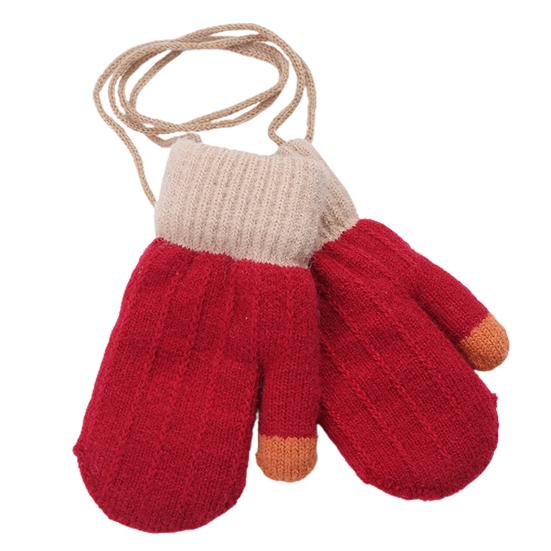 Kids Winter Double Layer Thick Warm Full Finger Stitching Knitted Gloves