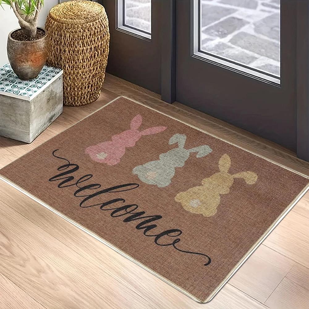 VIKAMA Willkommen Karottenmuster Teppichmatte Teppich - Bunte Kaninchen Silhouetten Pfotenabdrücke Oster Heimdekoration Fußmatte