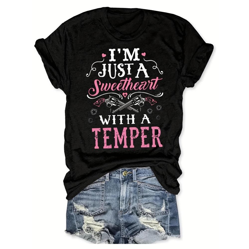 

Women Cotton Short Sleeves T-shirts Sweetheart With A Temper Women s Tee Pink Cowboy Gun Black Top S