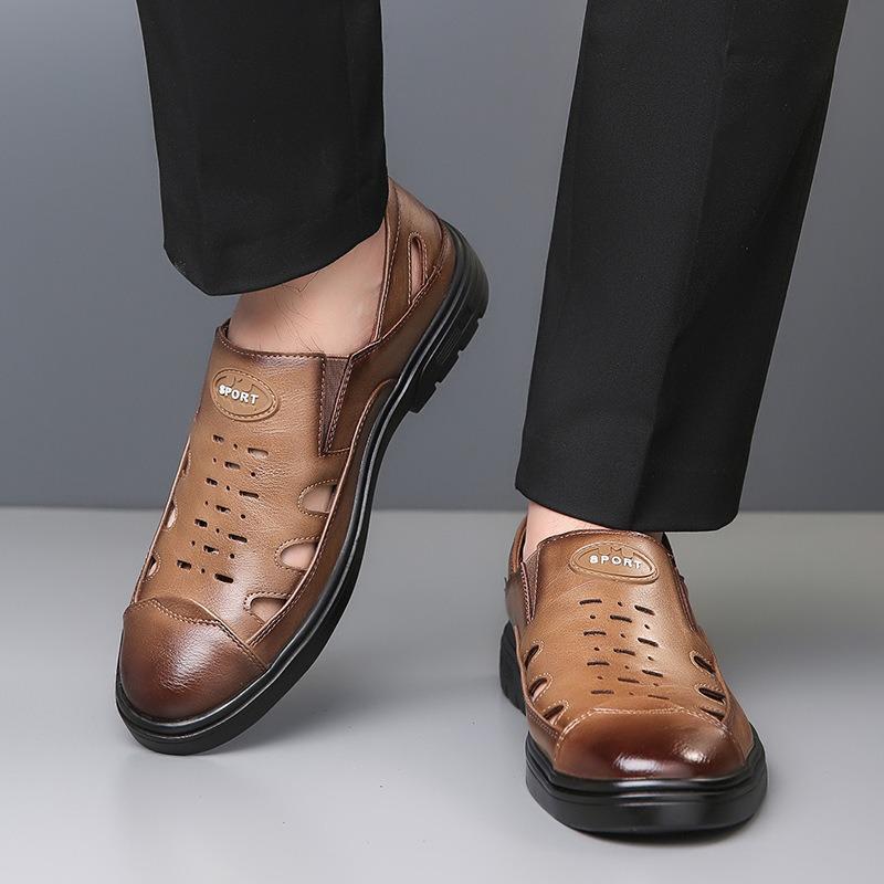 Large Size Sandals for Men Summer Breathable Hollow Out Sandals Luxury Cowhide Leather Sandals for Men Casual Business Sandalias