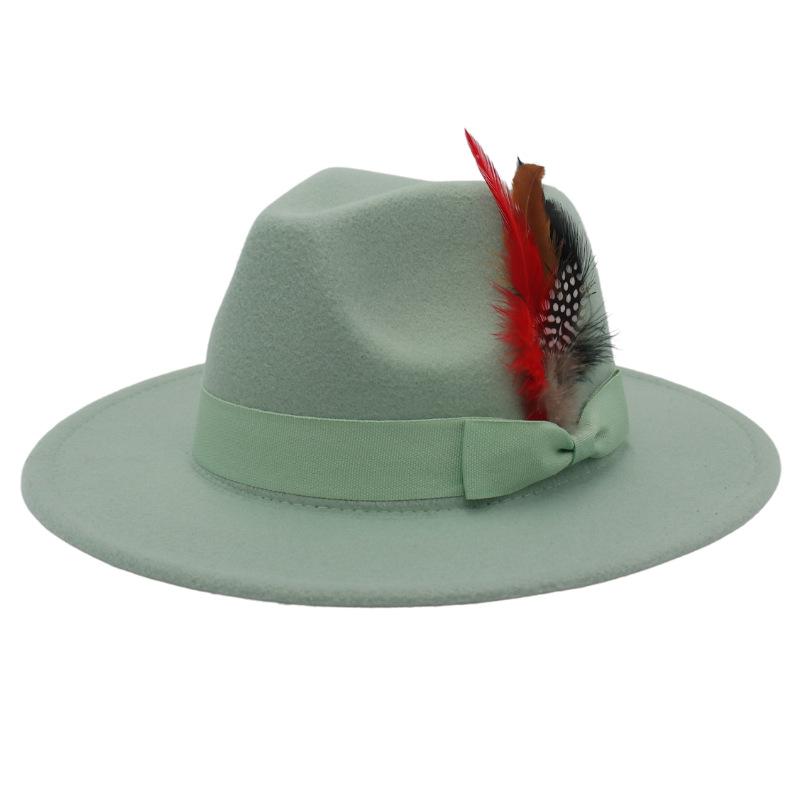 Bow Feather Top Hat Big Eave Hat Men'S And Women'S Cashmere Felt Hat Wind Hat