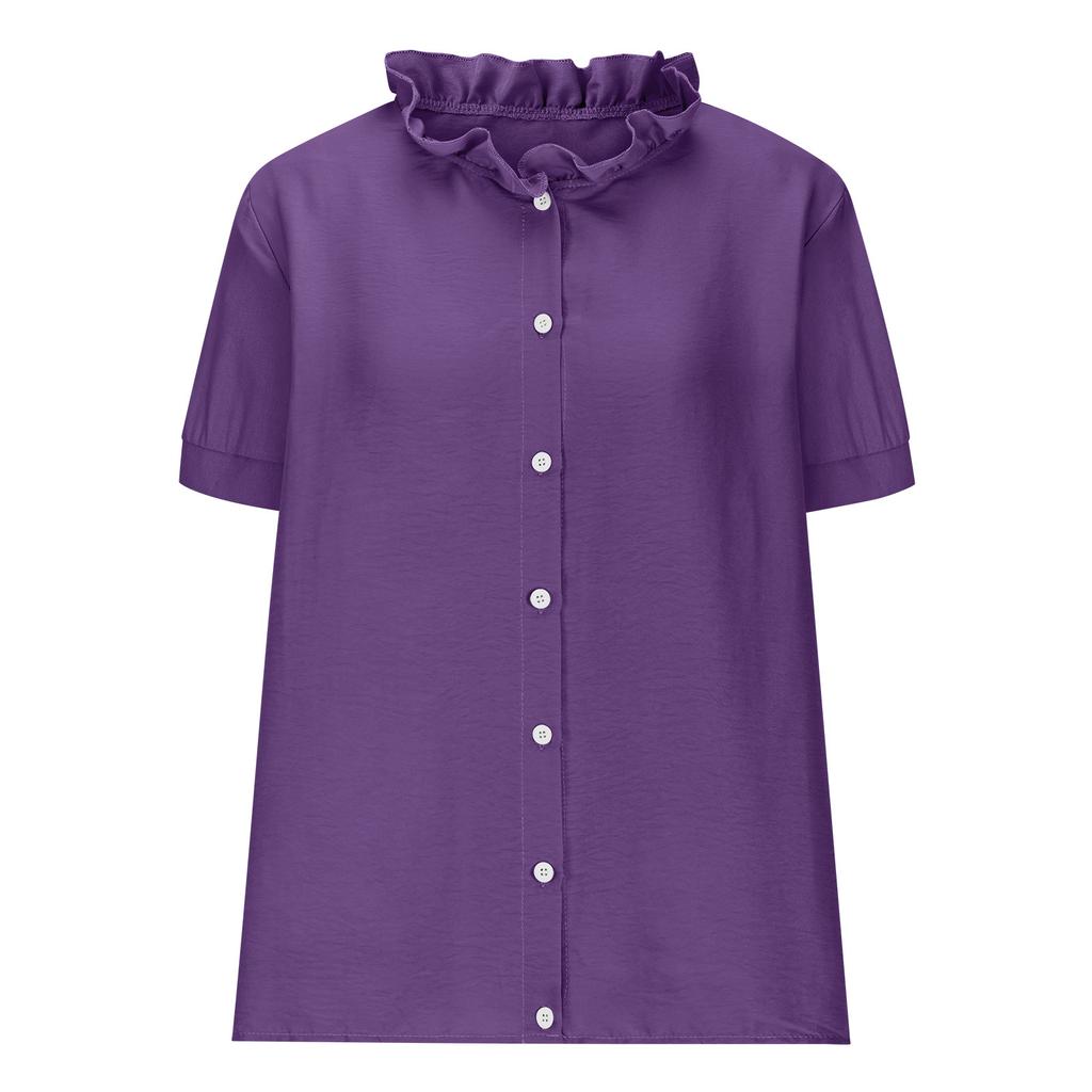 Summer Stand Collar Button Decoration Pure Color Short-sleeved Women's T-shirts