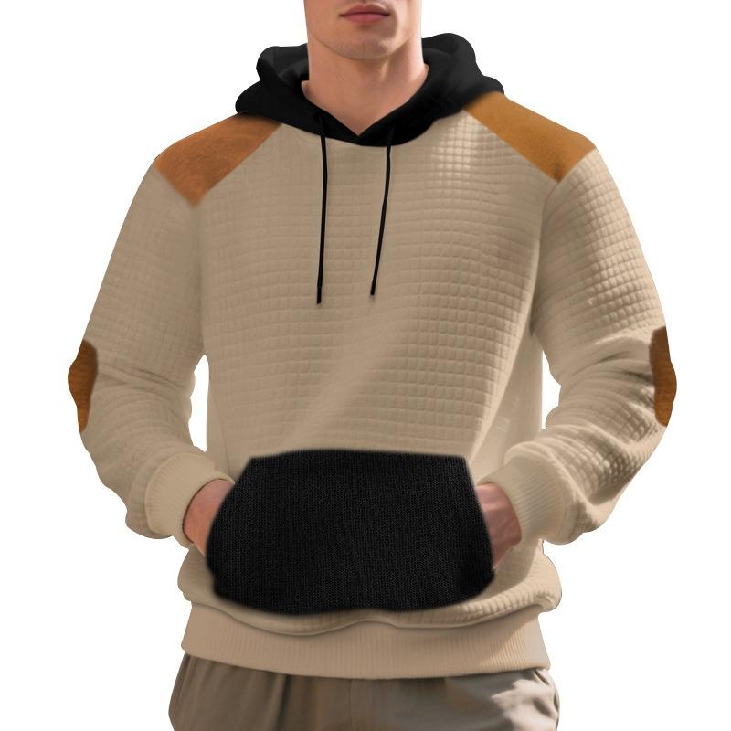 Mens Casual Loose Plaid Color Block Hooded Pullover Sweatshirt With Large Pockets