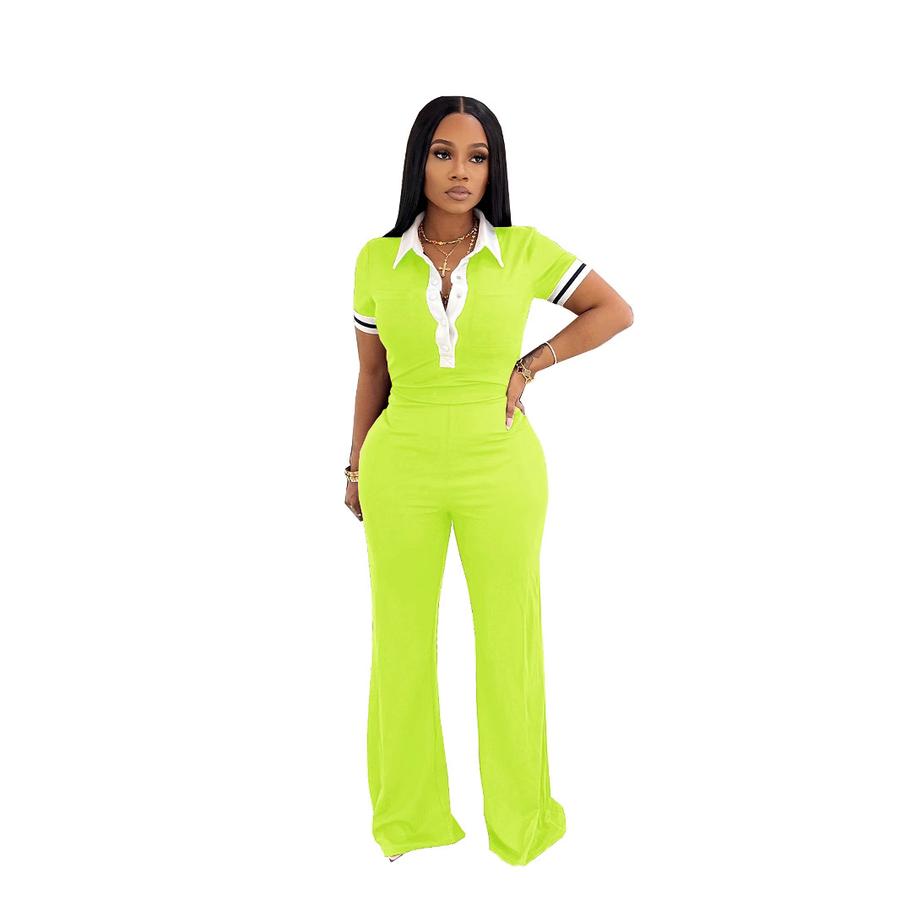 Women's Spring Summer Casual Set Polo Neck Top Wide Leg Pants Color Block Two Piece Outfit