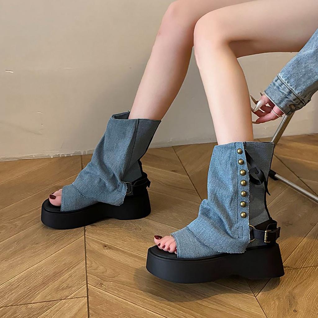 Trendy black retro British style platform sandals women's 2025 new summer thin open-toed casual cowboy boots